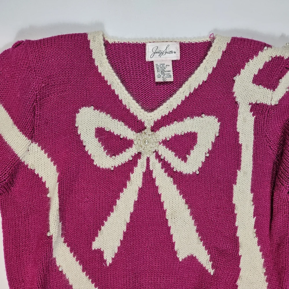 Vintage Jaclyn Smith Hot Pink White Bow Sweater Sz L Pearl Bead Granny Coquette - Picture 8 of 16